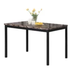Black faux marble dining table with metal base in a modern dining room