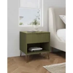 Olive green nightstand with ribbed drawer and open shelf, metal legs, modern design