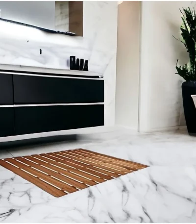 Premium 25" Teak Memory Foam Bath Mat with Anti-Slip TPR Modern Design Solid Pattern for Home Bathroom Use