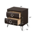 Modern bedroom nightstand with dark merlot finish, two drawers, and ring handles by Goldoma