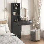 Modern black hair desk with multi-layer storage for makeup vanities