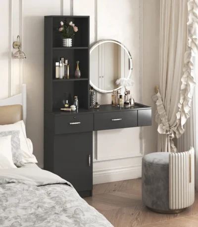 Modern black hair desk with multi-layer storage for makeup vanities
