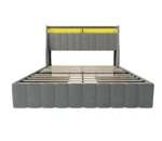 Goldoma full size bed frame with LED lighting and wings headboard in light grey linen, featuring four under-bed storage drawers