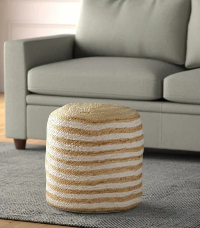boho pouf ottoman - Goldoma 18 inch natural and white jute blend cylinder striped pouf ottoman