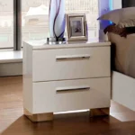 Glossy white nightstand with two drawers and chrome handles - contemporary bedroom furniture by Goldoma