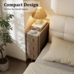 Beige leather narrow nightstand with drawers and stone top, perfect as a small bedside table