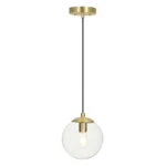 Close-up of single LED pendant light showing brass finish and clear glass globe texture.