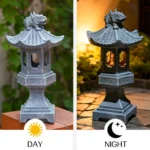 Solar pagoda lantern glowing in a garden at dusk, surrounded by flowers