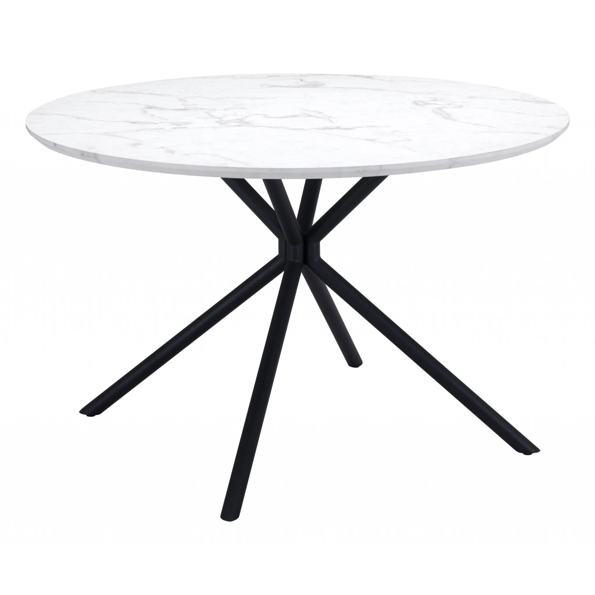 Round glass top dining table with white and black steel base and lazy Susan