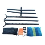 Two person hammock with stand in blue and green stripes on a sunny patio