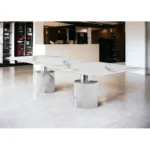 White marble 120-inch extendable dining table with double pedestal base in a modern dining room
