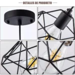 Black pendant light suspended from a white ceiling, casting warm light on a cozy living area with neutral decor.