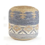 Goldoma blue cylinder geometric pouf ottoman with jute texture and storage in a modern living room