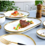 Nordic Style Gold Inlay Bright White Porcelain Dinner Sets Ceramic Bowl Dish Plates Set Porcelain Dinnerware For Household