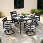 Modern aluminum outdoor dining set with four swivel rocker chairs and square table with umbrella hole