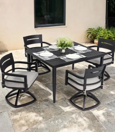 Modern aluminum outdoor dining set with four swivel rocker chairs and square table with umbrella hole