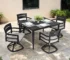 5-piece aluminum outdoor dining set with swivel rockers and glass table on a patio