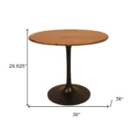 36 inch round pedestal dining table with solid wood top and black iron base - Goldoma