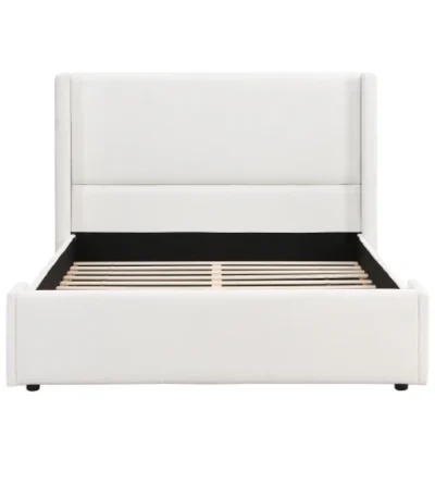 Goldoma modern adjustable queen upholstered bed with tall headboard in white fabric