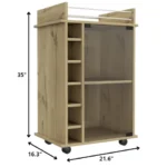 Brown wood rolling bar cart with wine storage and metal shelves