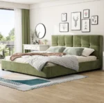 Goldoma king size velvet bed frame with curved tufted headboard in a modern bedroom setting