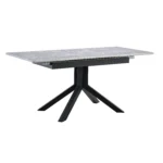 Modern square dining table for 4 with light gray painted MDF top and sturdy geometric metal legs