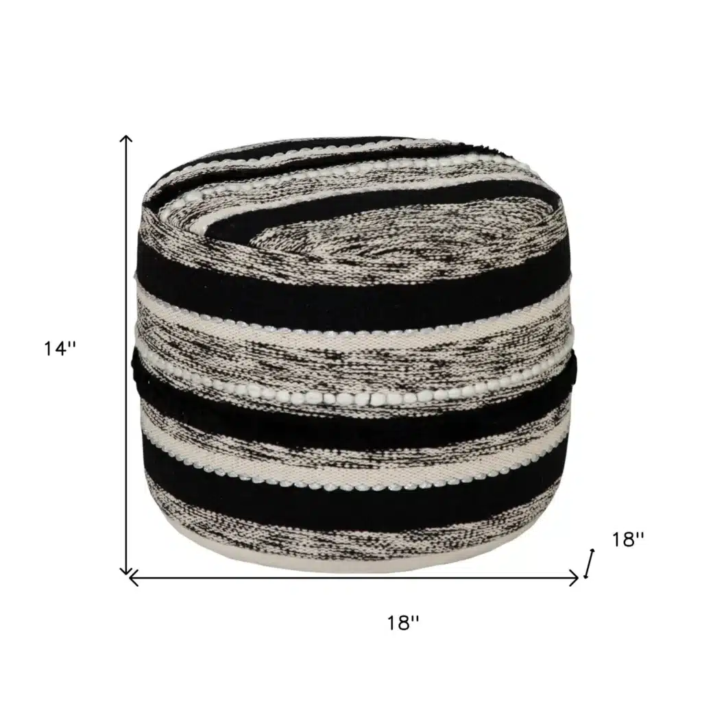 Goldoma 18" White Cotton Cylinder Striped Pouf Ottoman - Foot Stool & Extra Seat – top view