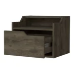 Floating nightstand with drawer and dual shelf display mounted on wall in modern bedroom