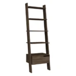 Contemporary Trapezoidal Bookshelf with One Drawer and Five Open Shelves Deep Walnut Wood FCJ for Home Office or Workshop