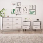 Elegant 3-piece dresser set with two nightstands featuring metal handles and mirror decoration in subtle white finish