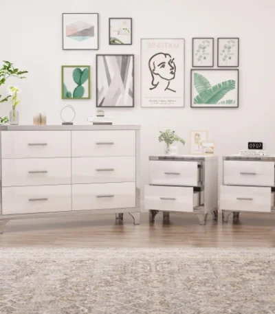 Elegant 3-piece dresser set with two nightstands featuring metal handles and mirror decoration in subtle white finish