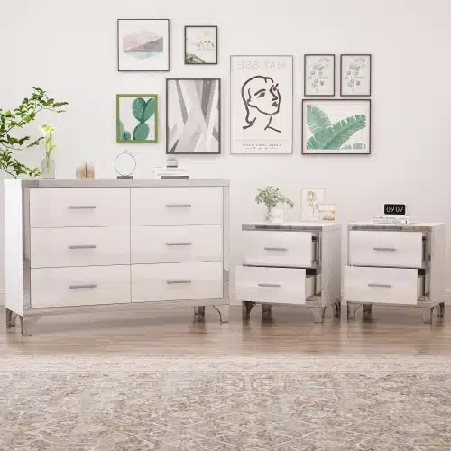 Elegant 3-Piece Dresser Set with Two Nightstands and Metal Handles Elegant 3-Piece Dresser Set with Two Nightstands and Metal Handles