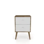 Mid century modern nightstand with 2 drawers in rustic brown and white finish for bedroom storage