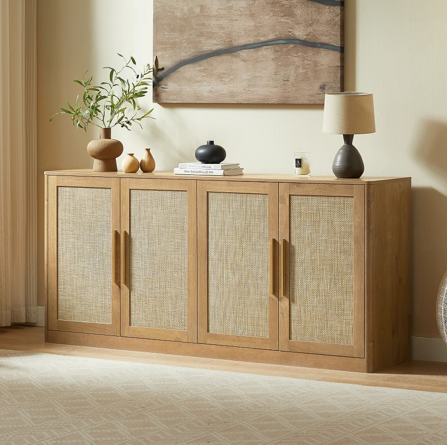 He2bee6e6423e4e098c5b36f0ab1168a1Y.webp Modern Rattan 4-Door Buffet Cabinet Large Sideboard & Credenza for Living Room Dining Hotel Use - Image 1