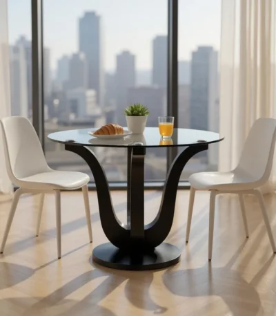Round glass dining table with black wood pedestal base in a modern dining room setting