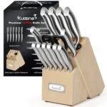 Kuisine 15-piece stainless steel knife set with natural wood block and built-in sharpener