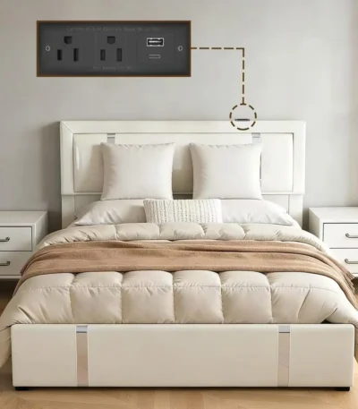 Queen bed frame with adjustable LED headboard in faux leather upholstery