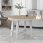 Farmhouse round extendable dining table with leaf in oak natural wood and antique white finish