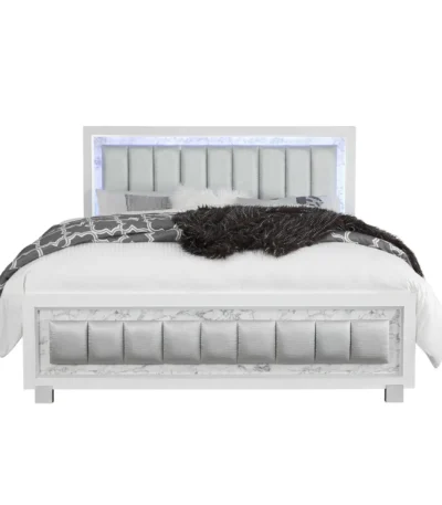 Goldoma LED queen bed with tufted padded headboard, white finish, and storage drawers