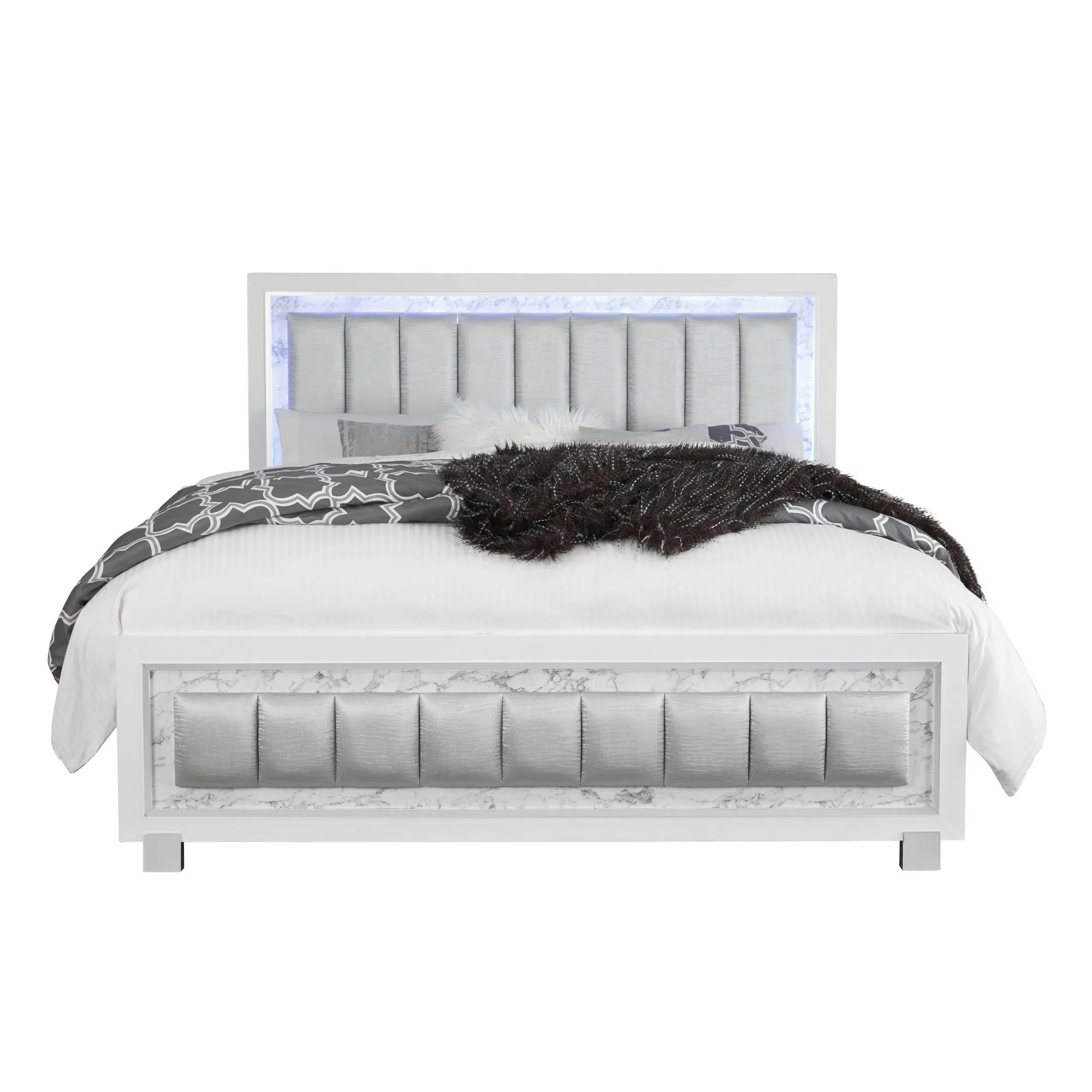 He38ba235090e4b63bddc9dedae1e6581v.webp Goldoma LED queen bed with tufted padded headboard, white finish, and storage drawers