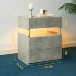 Gray 3 drawer nightstand with LED lighting and acrylic board top in a modern bedroom