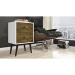 Mid century modern nightstand with 2 drawers in white and rustic brown finish on tapered legs