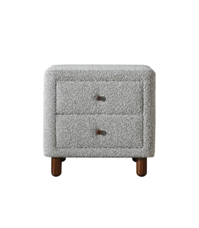 Cleo Gray Boucle Nightstand with two drawers and wooden legs in a modern living room setting