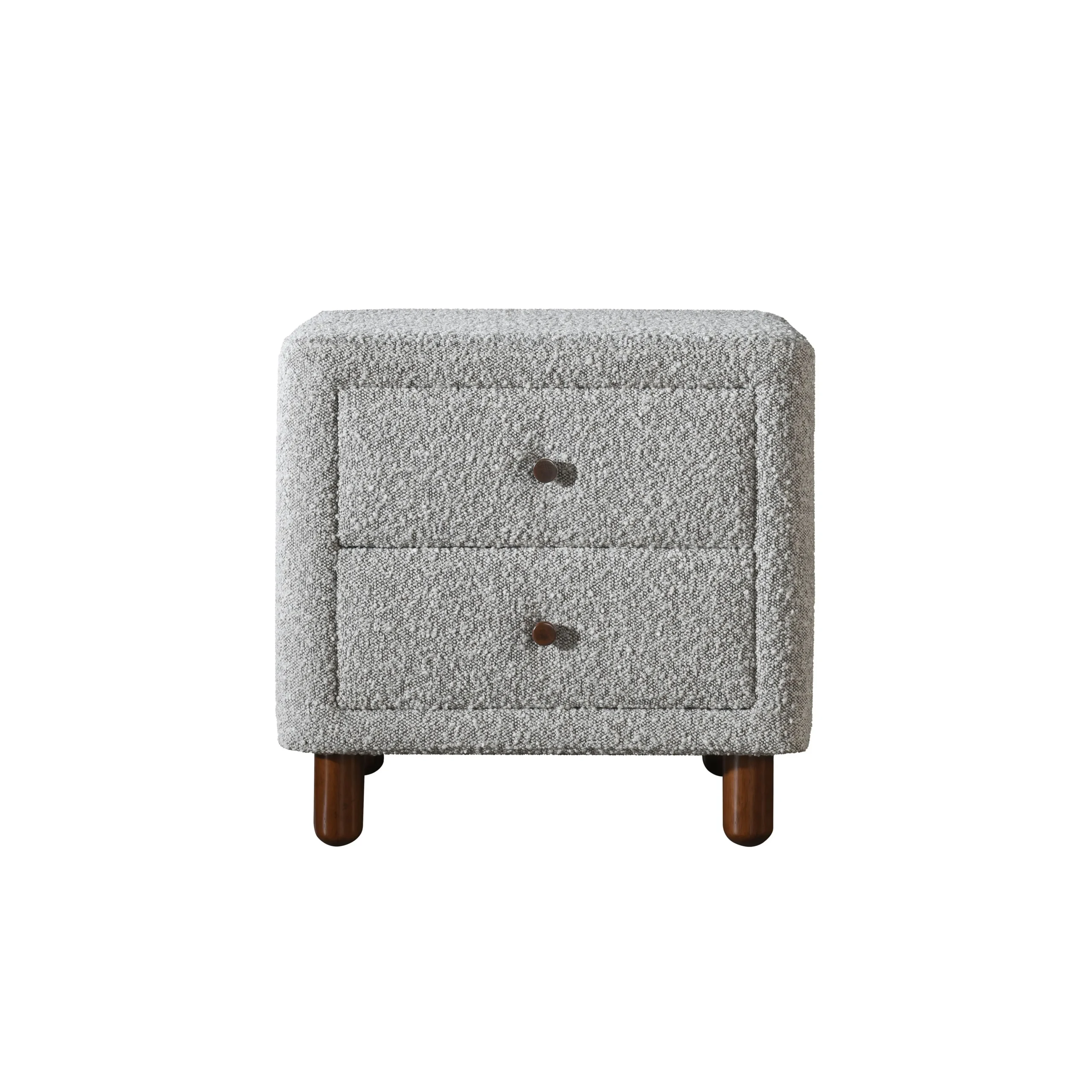 He3bcd572a88549ad8f6bd91902b4b137b.webp Cleo Gray Boucle Nightstand with two drawers and wooden legs in a modern living room setting