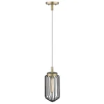HMS gold and black metal cage pendant light viewed from below, showing the open cage design and warm white 3000K light.