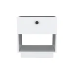 White 1-drawer nightstand with open lower shelf in a minimalist bedroom setting