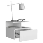 White floating nightstand with one drawer wall mounted in a modern bedroom