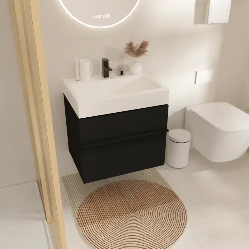 White wall-mounted bathroom vanity cabinet with wooden finish, closed doors, and a marble countertop in a bright