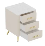 Modern 2-drawer nightstand with wood top beside bed in bedroom