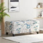 Goldoma floral storage ottoman with soft close hinges in blue floral pattern on neutral fabric